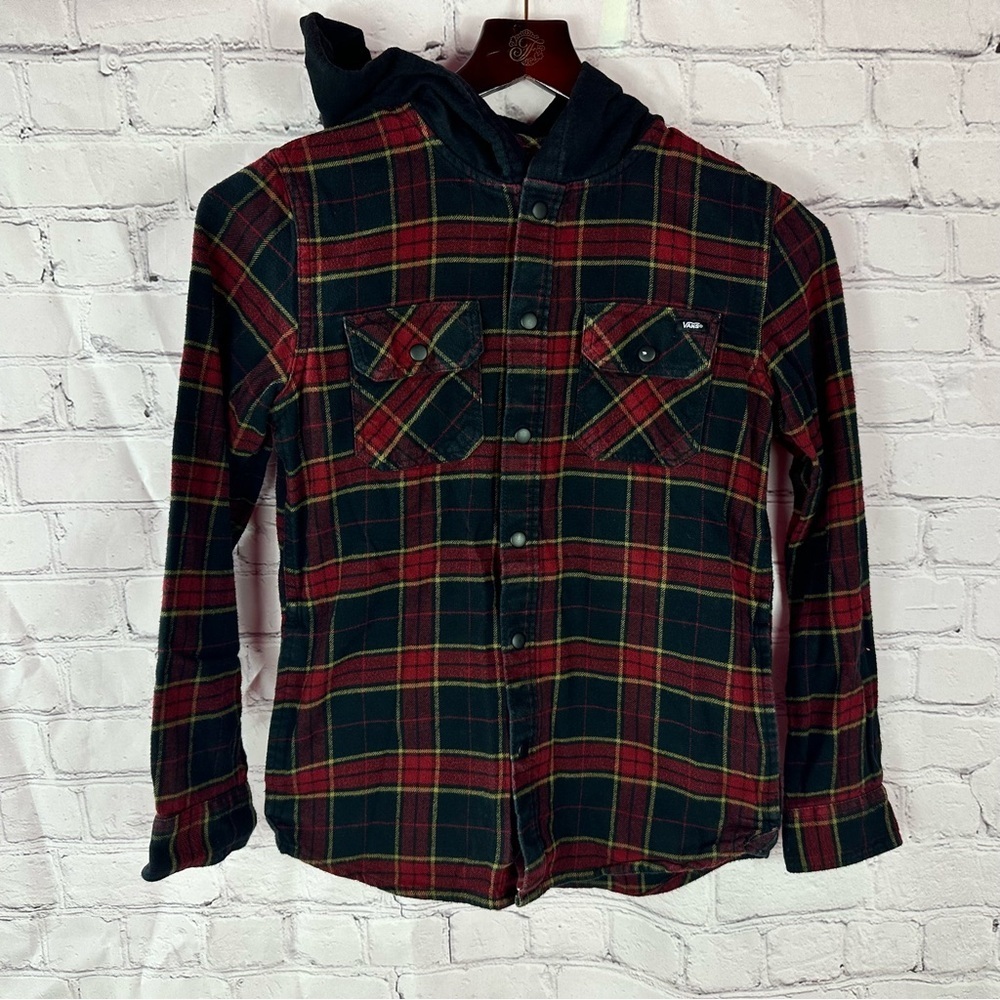 Vans off the wall Red navy Plaid Hooded flannel shacket Shirt youth M skater